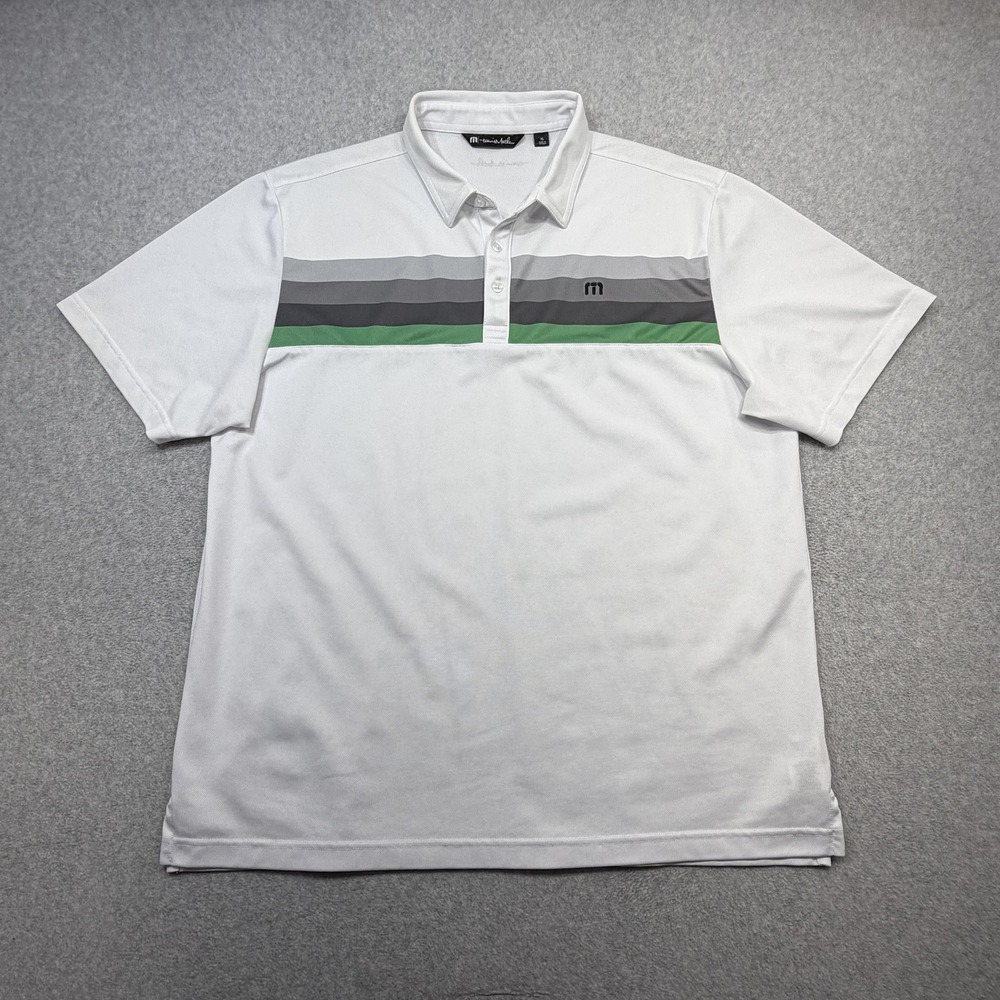 Travis Mathew Polo Shirt Mens XL White Stripe Golf Performance Stretch Tech